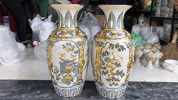 0919174700 / Cặp lọ lộc bình tứ cảnh cao 60cm men rạn rát vàng .