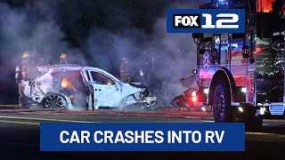 Fire destroys car, RV after crash on NE Lombard in Portland