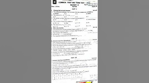 6th maths, first mid term question paper 2023, tn