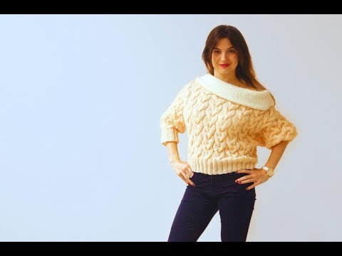 Женский свитер с большим воротником спицами