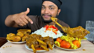 EATING SPICY MUTTON LEG PIECE, MUTTON NALLI CURRY, CHICKEN LEG PIECE AND EGG OIL CURRY WITH RICE