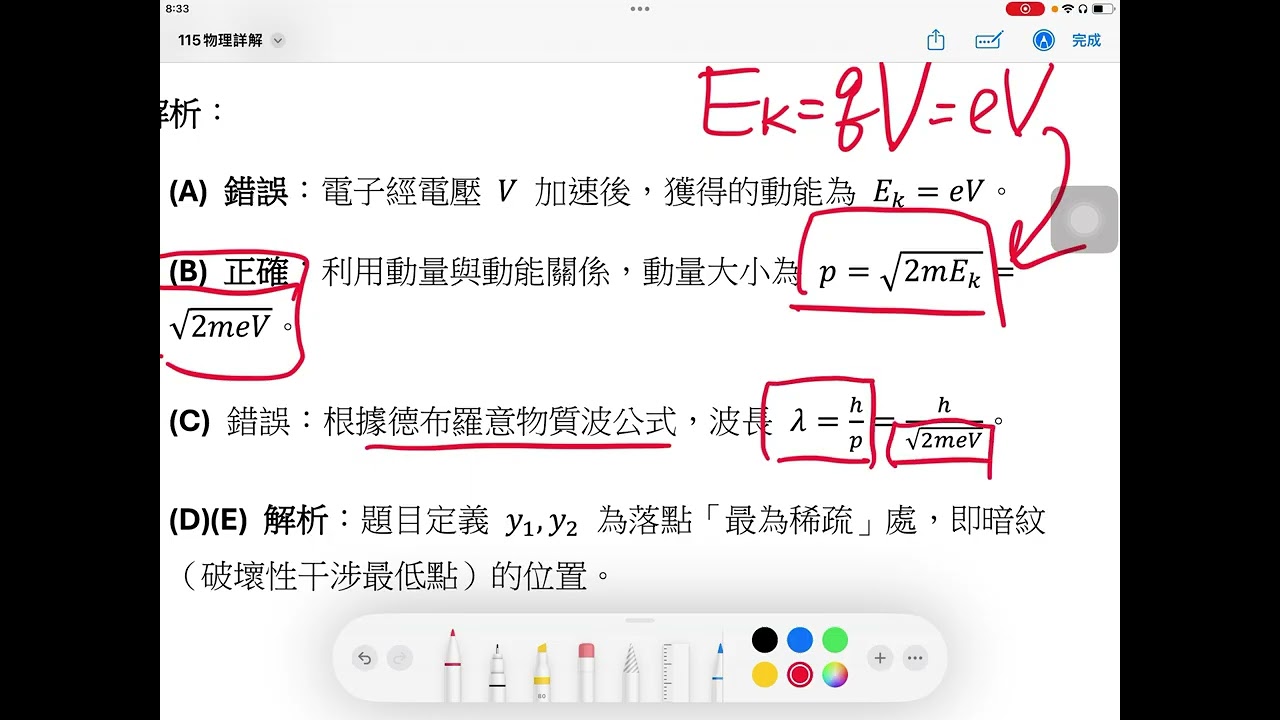 115學年度分科測驗試題物理16圖9 為電子雙狹縫干涉實驗裝置的示意圖。電子束於真空中經電壓V 加速之後,通過縫距為d 的雙狹縫,射向距離狹縫為L 的遠處屏幕。電子在屏幕上的落點呈現疏密相間 縮圖