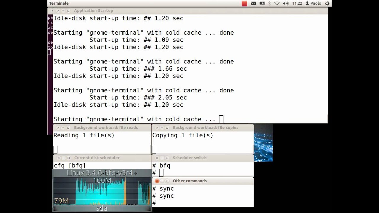 Demo of the performance of the bfq disk I/O scheduler on a hard disk