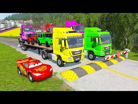 TRANSPORTING PIXAR CARS & FRUITS WITH COLORED & JOHN DEERE VS CLAAS VS TRACTORS 