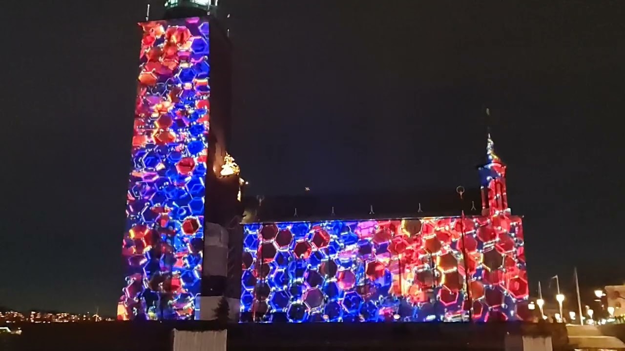 Impressive light show on Stockholm City Hall #4 (Nobel Week Lights, Stadshuset)