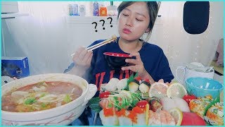 Seafood #3 - SUSHI + Spicy Seafood Udon Soup Mukbang!
