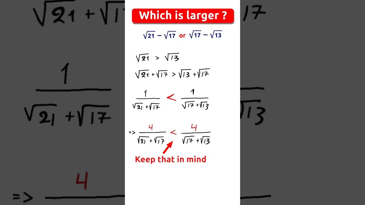 Which number is larger ?  Numerical expressions comparison involving  square roots.