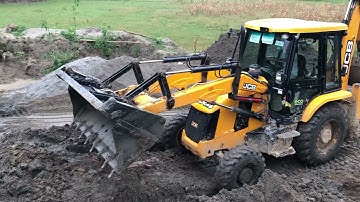 JCB Backhoe Loader Making Bridge Foundation -  JCB 4×4 Dozer Working A Village Road Construction