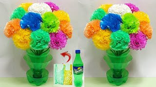 पॉलिथीन से बनाये गुलदस्ता /Carry bags and bottle Vase Craft/DIY New Design Polythene flower Guldast