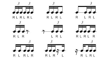 Common 16th-note triplet rhythms with sticking for drums 🥁🎵