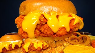 ASMR MUKBANG CRISPY CHICKEN SANDWICH & FRIED CHICKEN & ONION RINGS | WITH CHEESE & RANCH