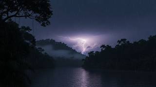 Heavy Rain in Tropical Rainforest 🌿 Night River Atmosphere with Gentle Thunder (4K)
