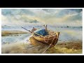 Watercolor painting - Fishing boat on the Beach