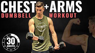 30 min CHEST AND ARMS DUMBBELL WORKOUT with or without bench