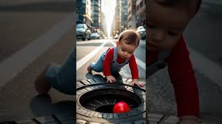 "Baby Crawling on City Street with Red Ball - Urban Adventure in Modern City"