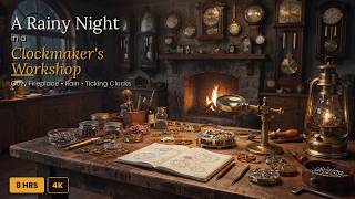 A Rainy Night in a Clockmaker's Workshop ⚙️ Cozy Fireplace & Storm Sounds | 8HR 4K TV Screensaver