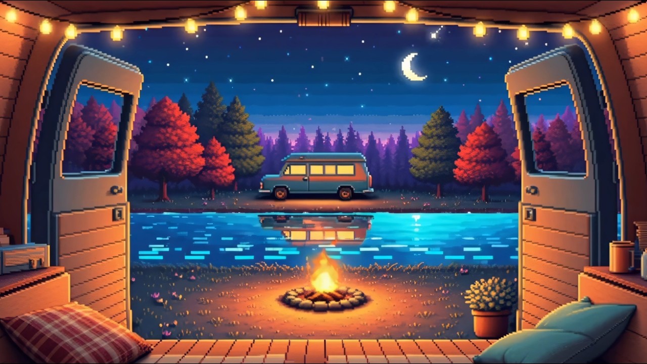 8-Bit Camper Van Night 🌙 Cozy Campfire by the Lake 🔥 Retro Relaxing ...