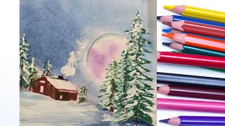 Easy Winter Landscape Drawing Tutorial | Mountain Sunset Acrylic & Charcoal Scenery for Beginners