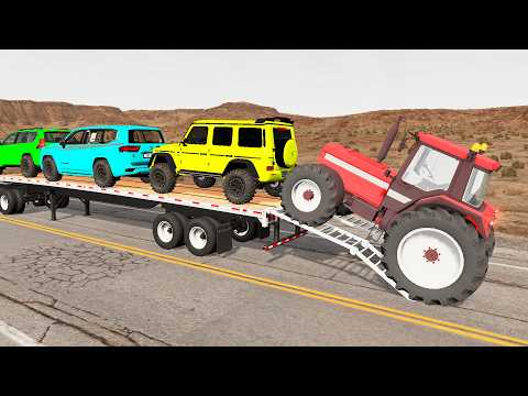 TRANSPORTING PIXAR CARS & FRUITS WITH COLORED & JOHN DEERE vs CLAAS vs TRACTORS - BeamNG.drive #983