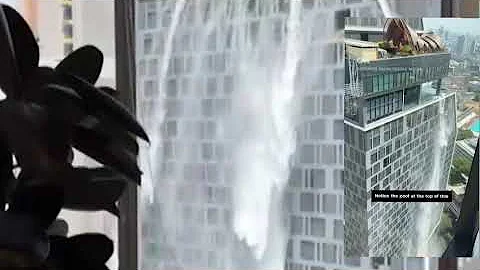 Pool water poured down the side of a high rise building in Bangkok, Thailand, after a 7.7 magnitude