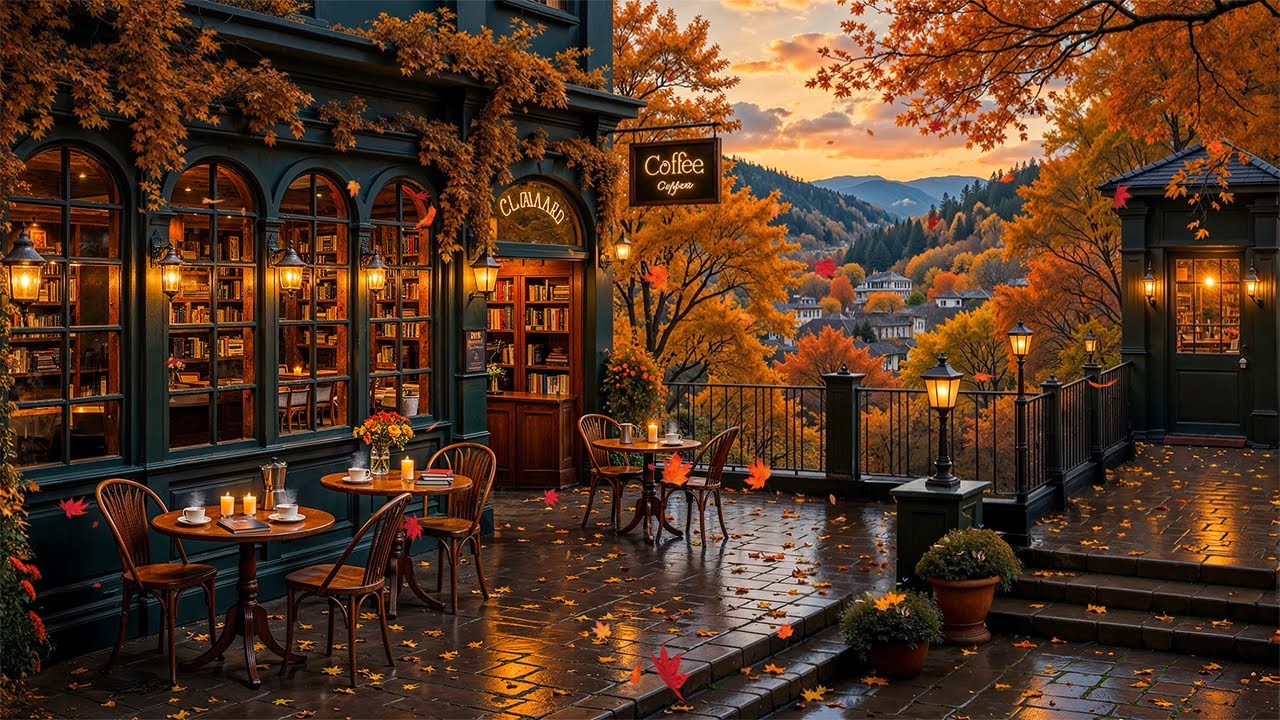 Watch Nostalgic Café Ambience & Autumn Falling Leaves 🍂 Calm & Relaxing Fall Jazz Music for Work, Study on YouTube