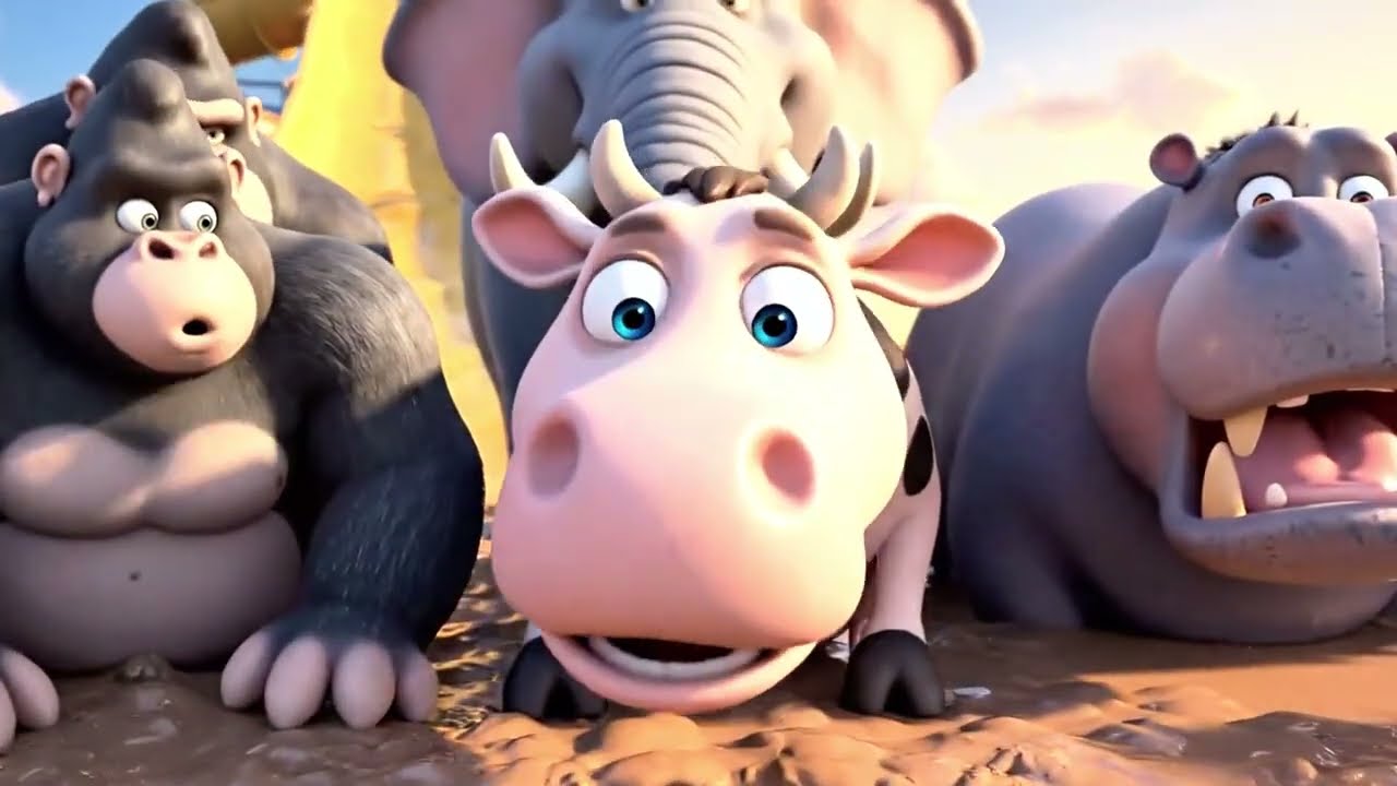 Long Slide Game With Cow Elephant Gorilla Hippopotamus Tiger - 3d Animal Game - Funny 3d Animals