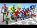 All Superheroes (Spider-man, Hulk, Iron Man...) Challenge Racing Parkour Bicycles Competition