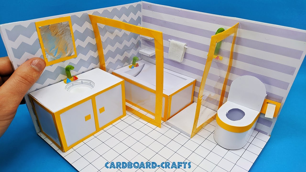 DIY Miniature Cardboard House #3 :yellow bethroom اصنع منزل مصغر بالكرتون: حمام / crafts اشغال يدوية