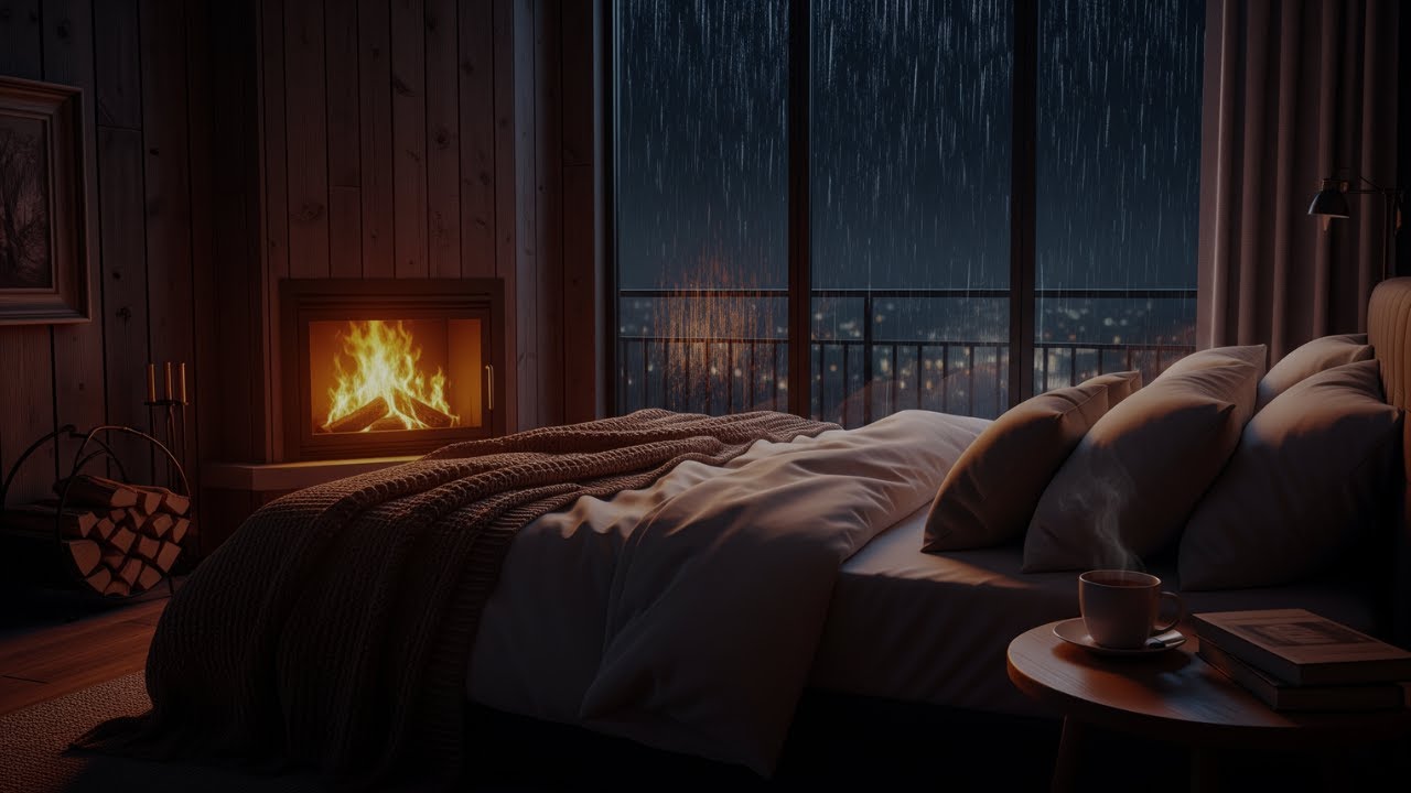 Rain and Fireplace Sounds for Deep Sleep 🌧️ Cozy Bedroom Ambience with ...