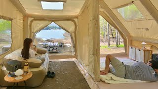 Building a huge inflatable cabin with 2rooms in front of a lake filled with birdsong