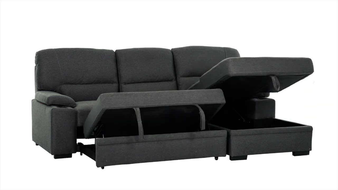 Urban Cali Anaheim II Condo Sleeper Sectional Sofa Bed with and Storage Chaise in Rowen Charcoal