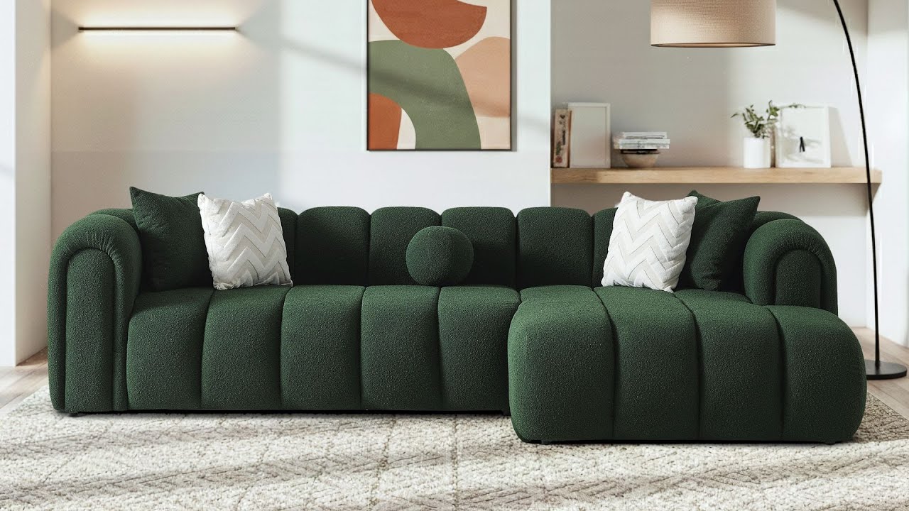 Cozy, Modern, Perfect — Bella Dark Green Bouclé Sectional Sofa | Mid in Mod