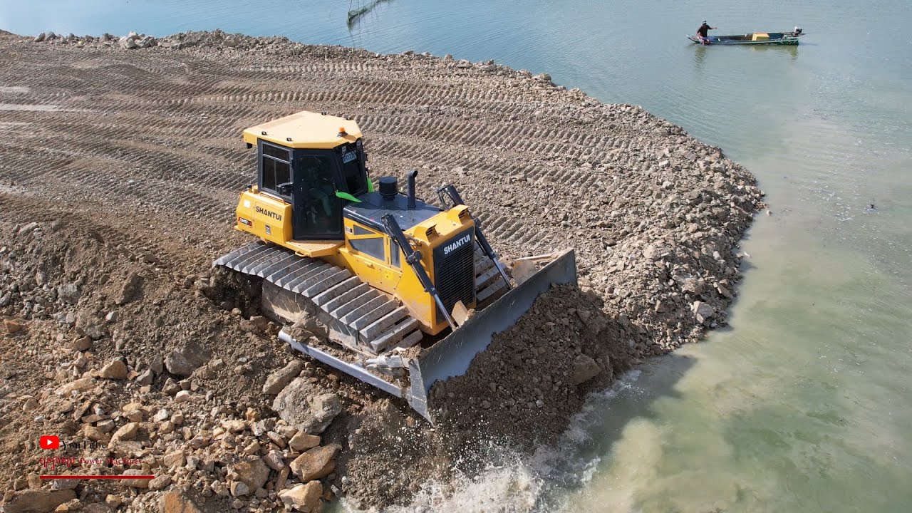 Wonderful Bigger Stronger Bulldozer Soils Extreme Building Road In Water Dump Truck Unloading