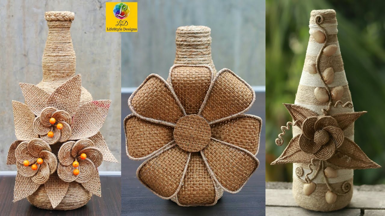 Glass Bottle Decoration Ideas With Jute, Jute Rope Crafts