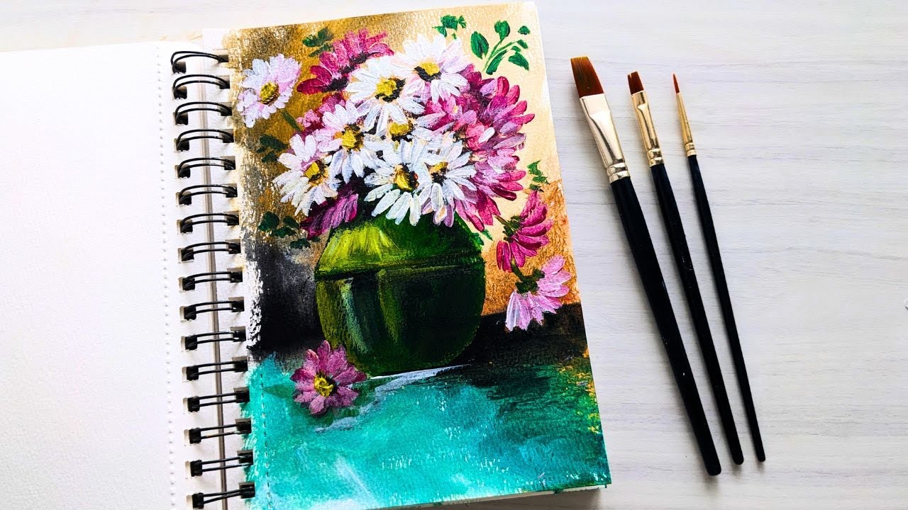 How to paint a Flower vase | Acrylic still life painting for beginners ...