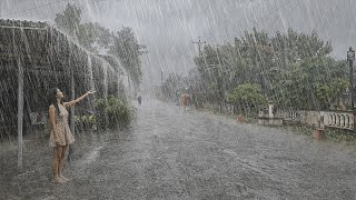 the biggest super crazy rainstorm in the village, heavy rain and strong wind storm with lightning