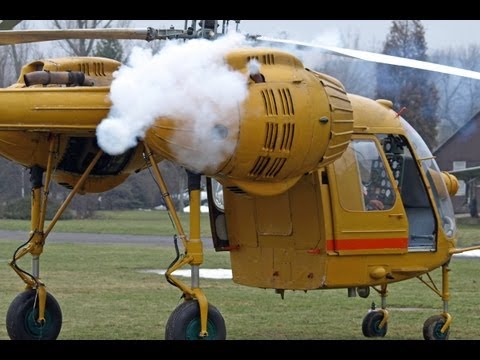 Kamov-26 helicopter - smoky and flamy cold start.