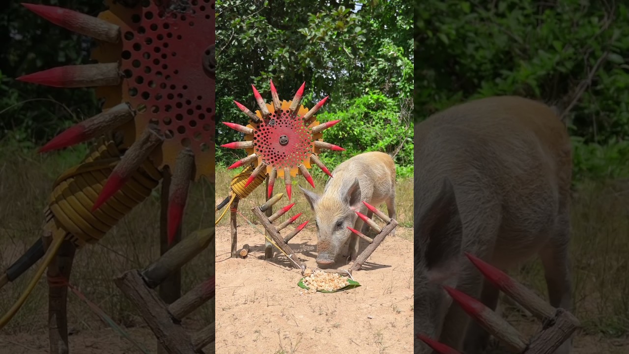 Powerful wild boar trap created using a motor cut with sharp wood