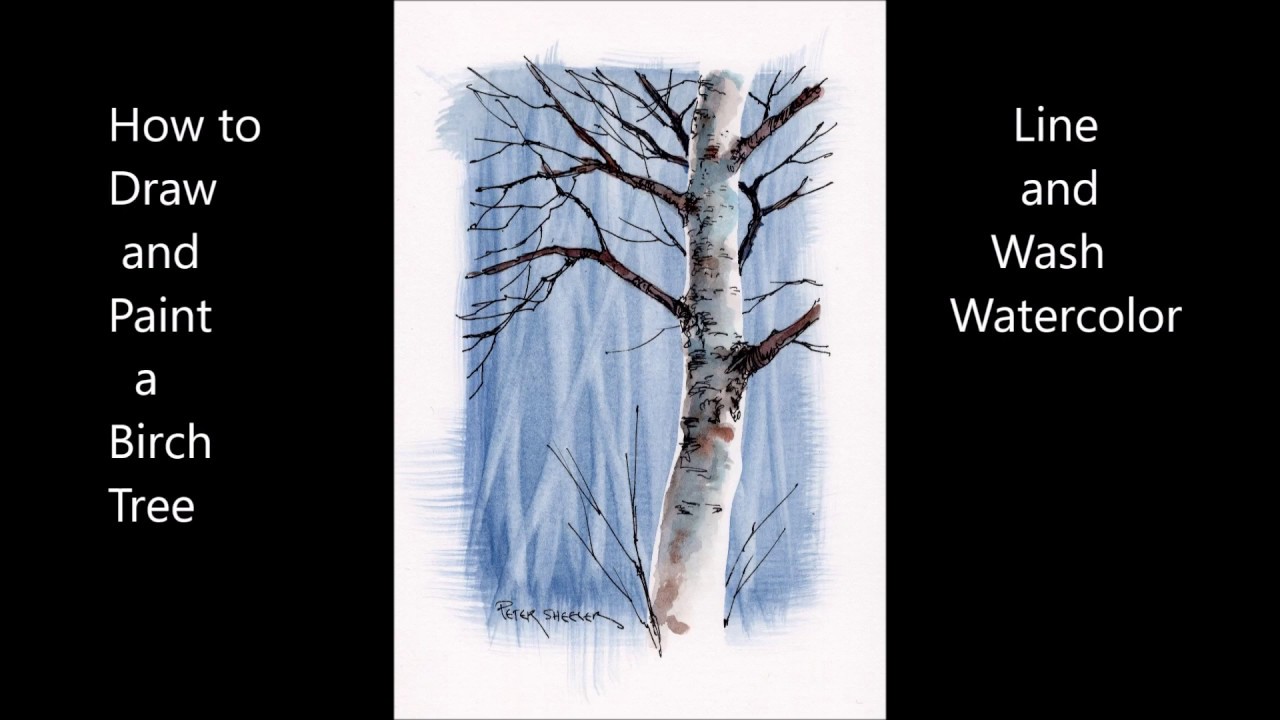 How To Draw And Paint A Birch Tree Using A Tape Mask. Line And Wash Watercolor. Peter Sheeler - Youtube