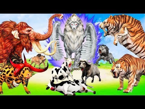 5 Giant Mammoth Elephant Cow Vs 5 Giant Lion Tiger Vs Monster Tiger Bull Zebra Saved Wolly Mammoth