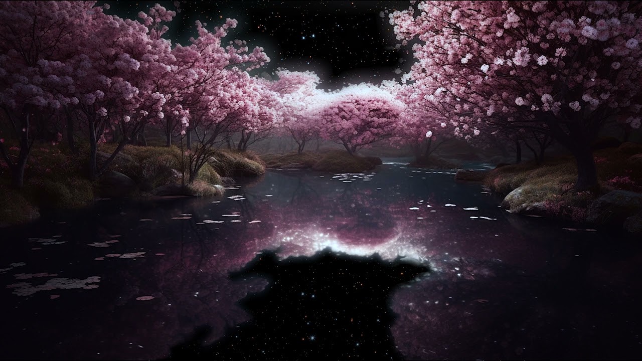 an iris flower under a sakura tree on a full moon near a lake  Playground  AI