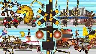 踏切アニメ　錆びたふみきりや壊れた車を修理するドクターイエローや救急車　Dr Yellow and an ambulance repairing rusty fences and broken