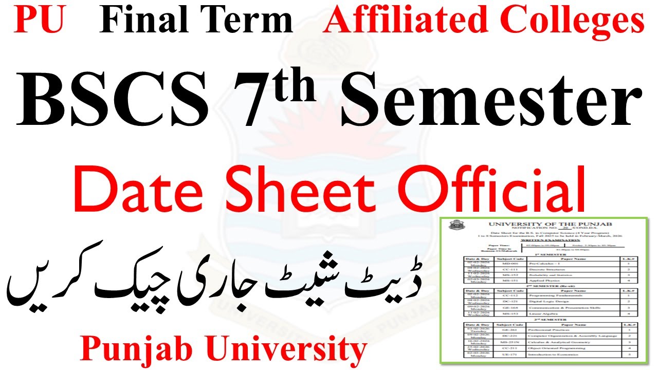 BSCS 7th Semester Final Term Date Sheet 2026 PU | BSCS Affiliated College Exams 2026 PU