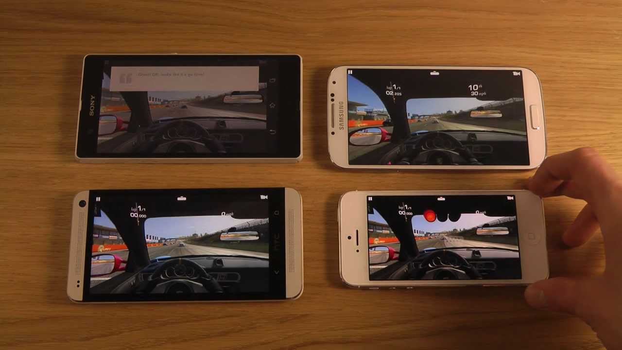 Samsung Galaxy S4 vs. HTC One vs. iPhone 5 vs. Sony Xperia Z - Real Racing 3 Gameplay Comparison