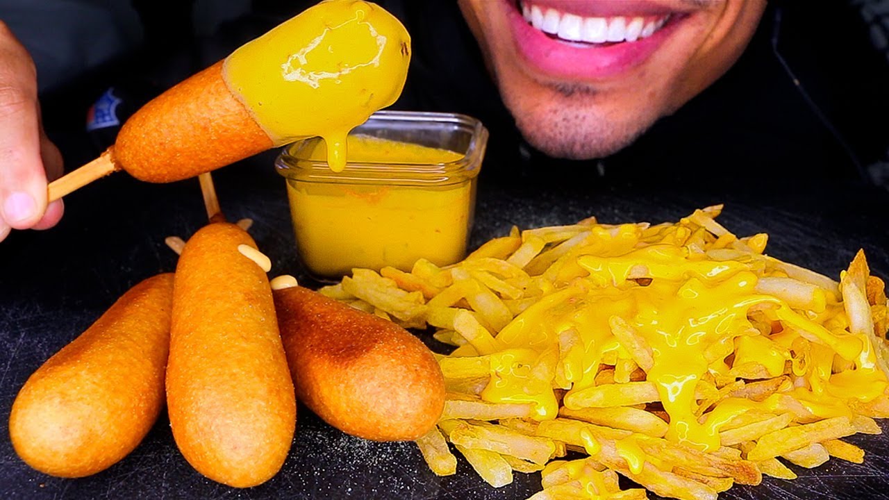 ASMR CORN DOGS AND CHEESE FRIES MUKBANG JERRY EATING NO TALKING BIG BITES