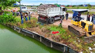 Be Aware OMG Incredible Work! Skilled Dozer Filling Deep Ditch and Dump Truck 5Ton Unload, Mix VDO