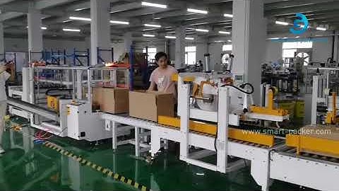 Automatic carton box erecting feeding manual prodcut placing H type case sealing machine line runnin