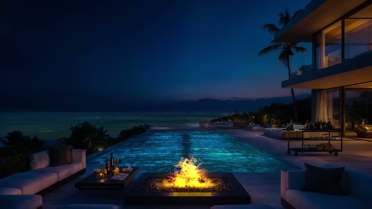 Luxury Oceanfront Villa at Night 🌙 Infinity Pool & Fire Pit Relaxing Ambience