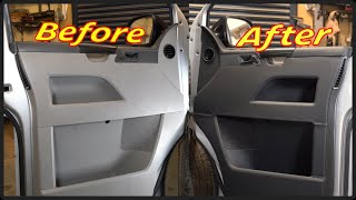 Covering a VW T5 cab door card in leather