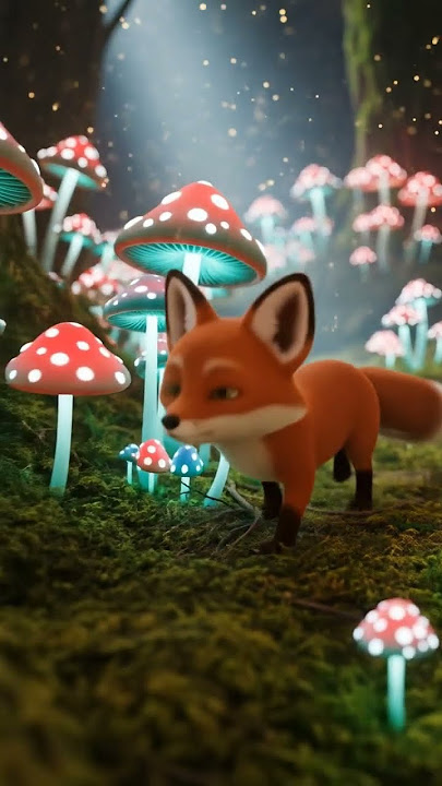 3D Seekor rubah kecil yang penasaran menjelajahi hutan ajaib yang penuh dengan jamur bercahaya